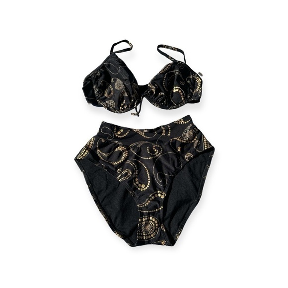 Endless Sun Other - Vintage Endless Sun Bikini Black With Shimmering Gold Women’s Size XL DD Cup Top